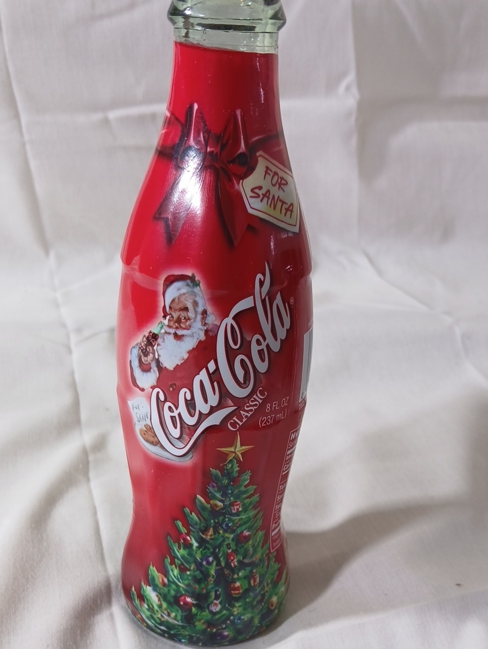 Coca Cola Red Holiday Glass Bottle with Santa & Christmas Tree